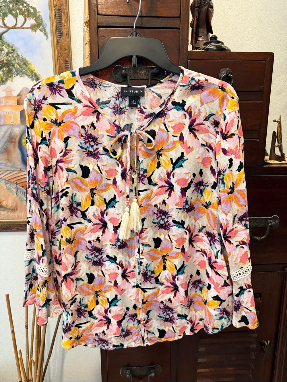 I.N. Studio Pink, Yellow & Cream Floral Tie-Front Blouse